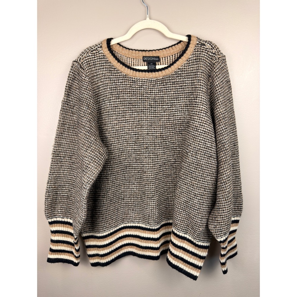 Design 365 Womens 2X Marled Knit Striped Trim Crewneck Sweater Brown Tan Black